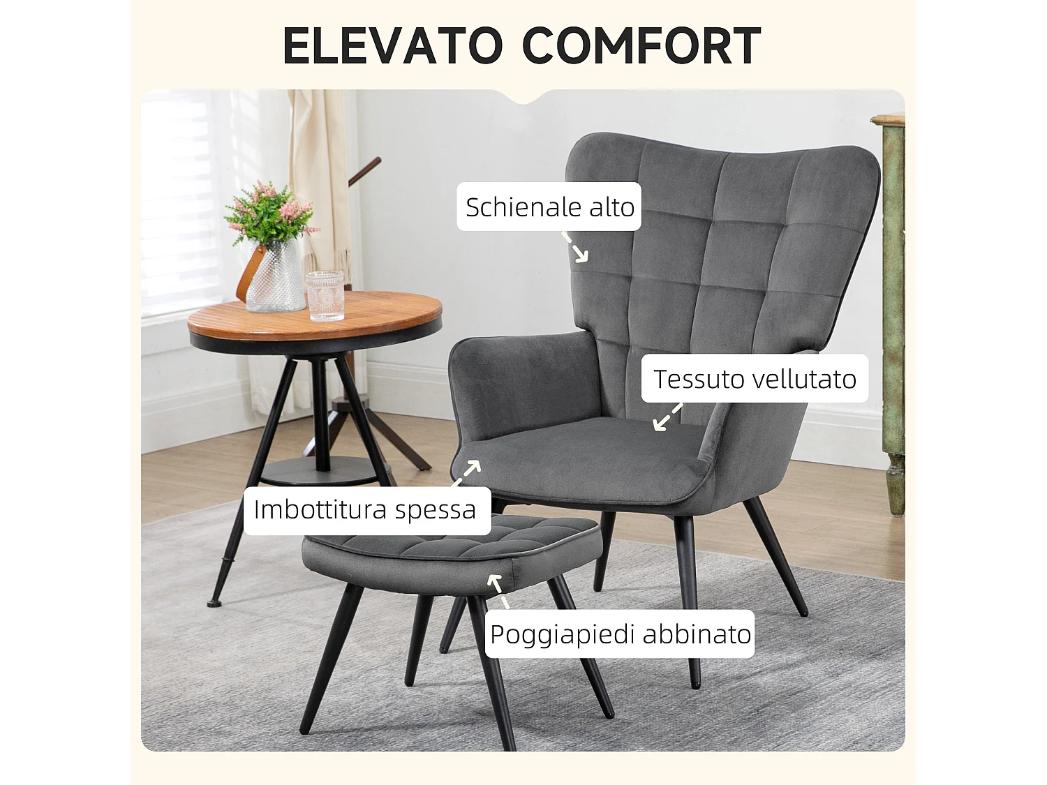 Poltrona d'arredo imbottita con braccioli e poggiapiedi grigio scuro