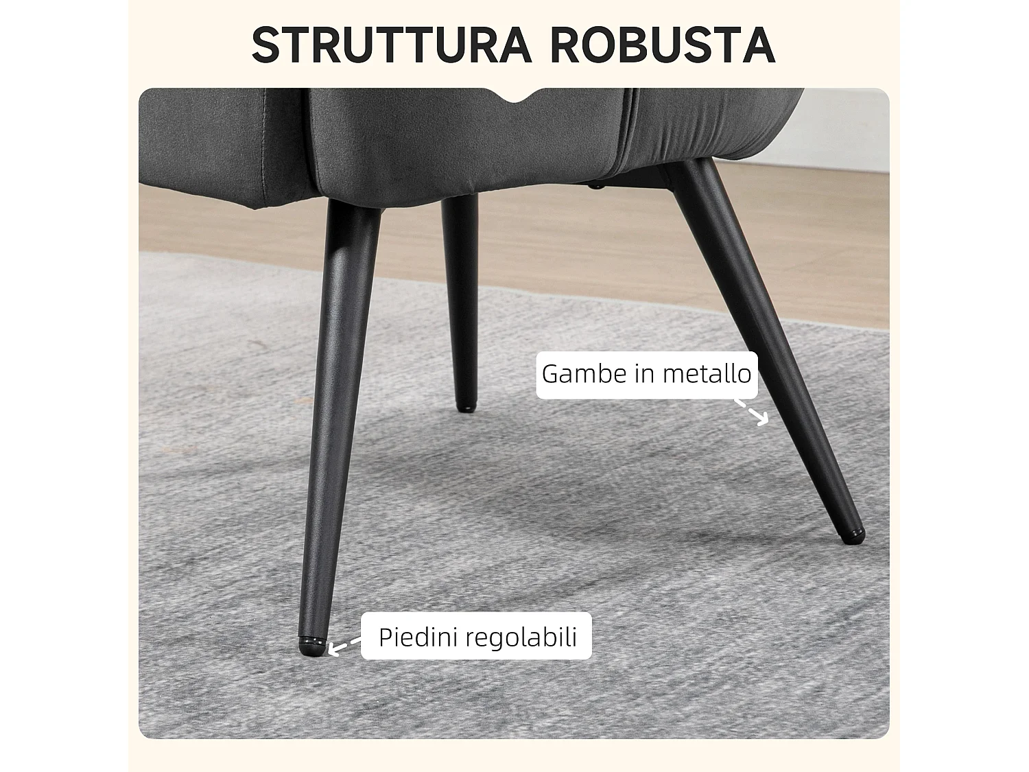 Poltrona d'arredo imbottita con braccioli e poggiapiedi grigio scuro