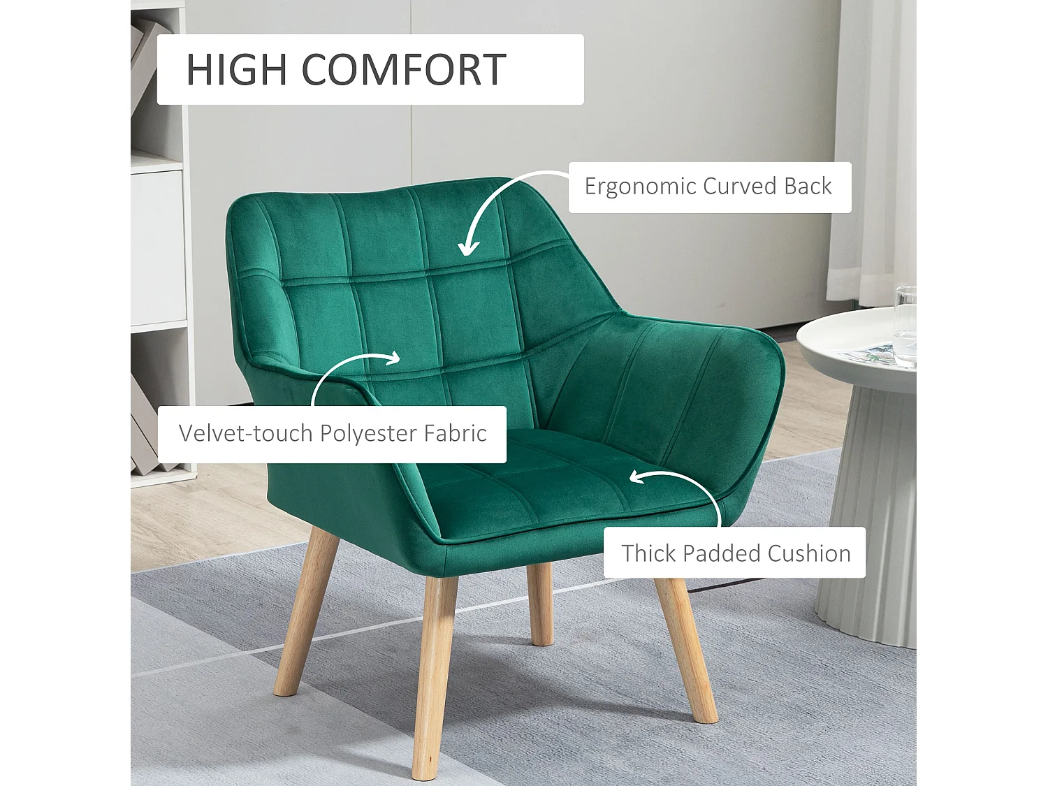 Poltroncina stile nordico in legno ed effetto velluto verde