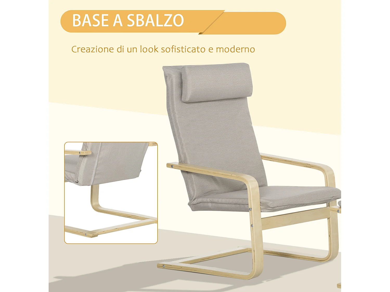 Poltrona relax con pouf poggiapiedi in legno e tessuto grigio