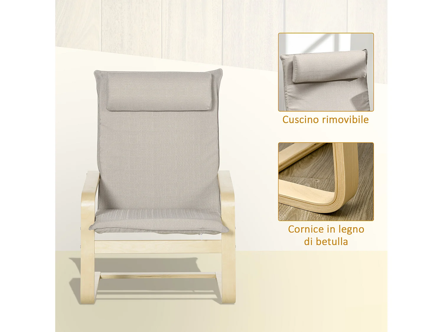 Poltrona relax con pouf poggiapiedi in legno e tessuto grigio