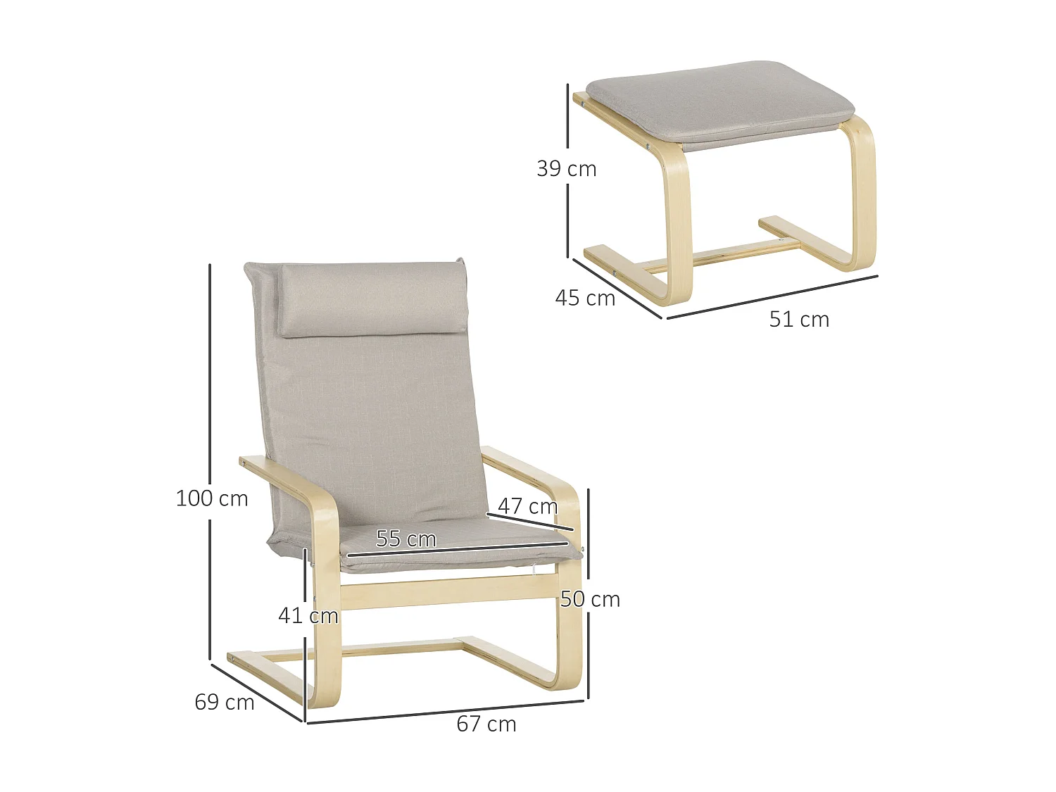 Poltrona relax con pouf poggiapiedi in legno e tessuto grigio