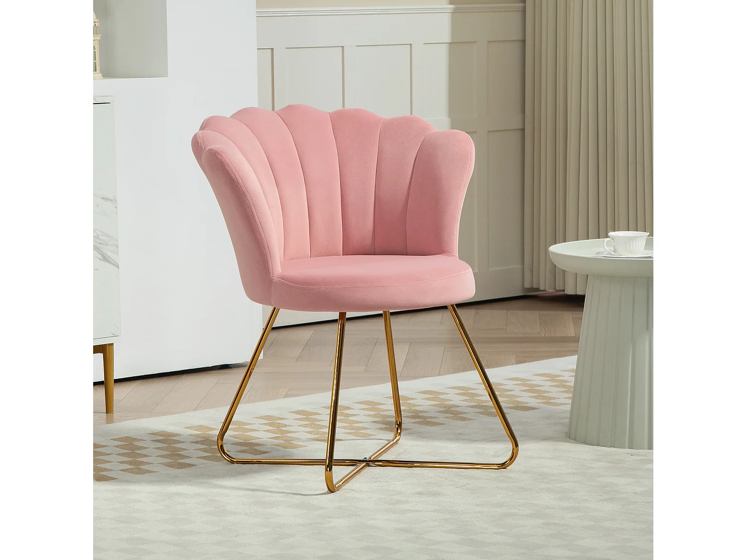 Sedia moderna ergonomica con schienale a petalo vellutato rosa e oro