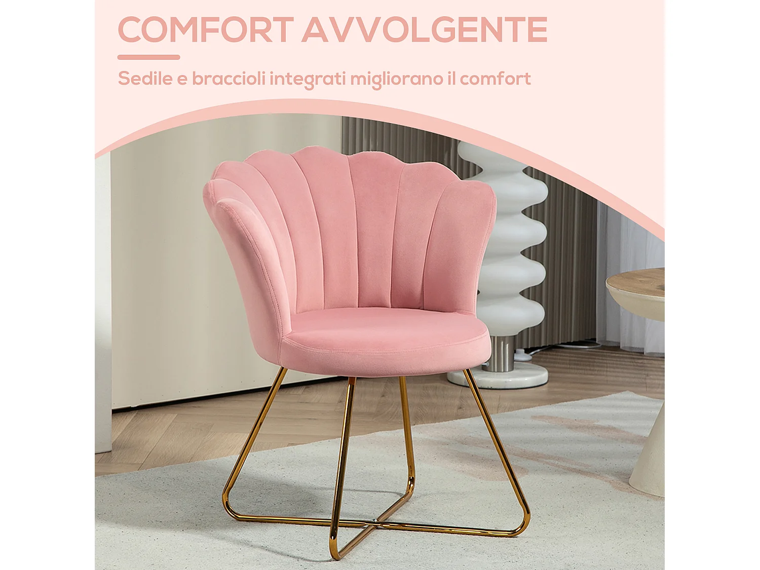 Sedia moderna ergonomica con schienale a petalo vellutato rosa e oro