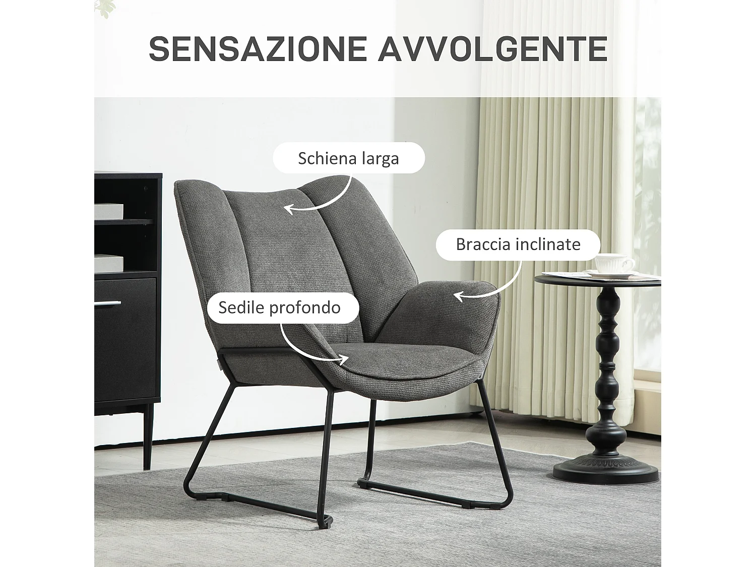 Poltrona d'arredo con braccioli inclinati in tessuto simil lino grigio