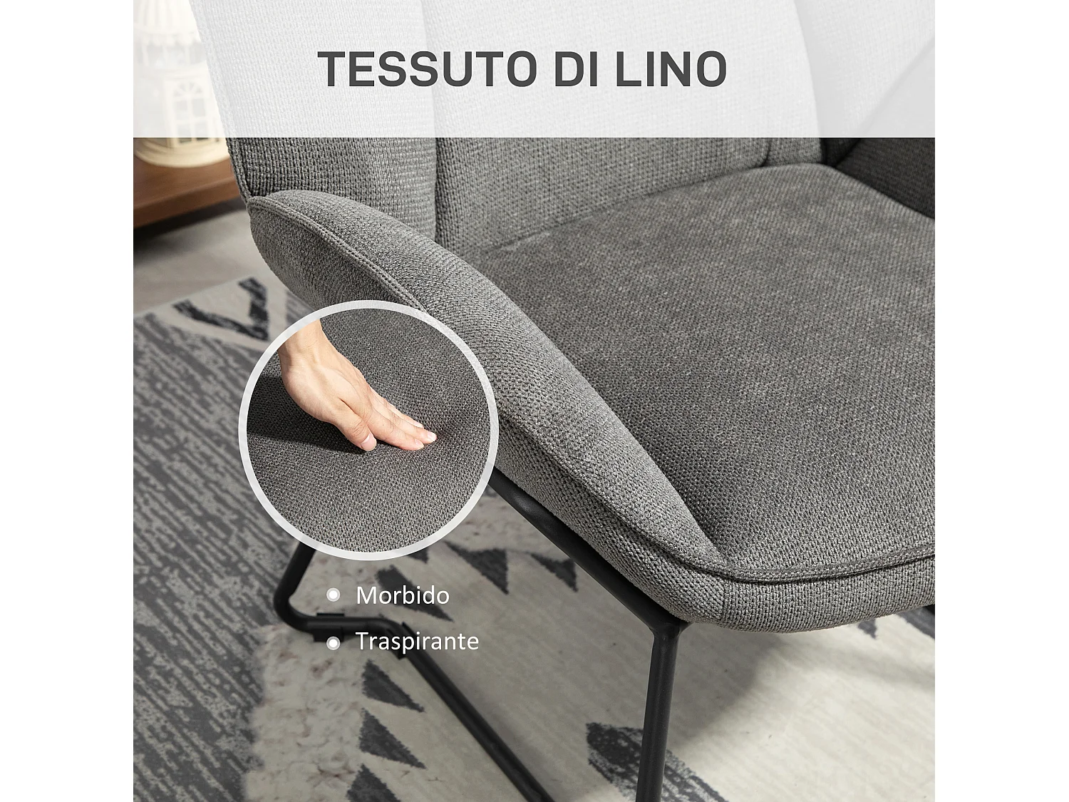 Poltrona d'arredo con braccioli inclinati in tessuto simil lino grigio