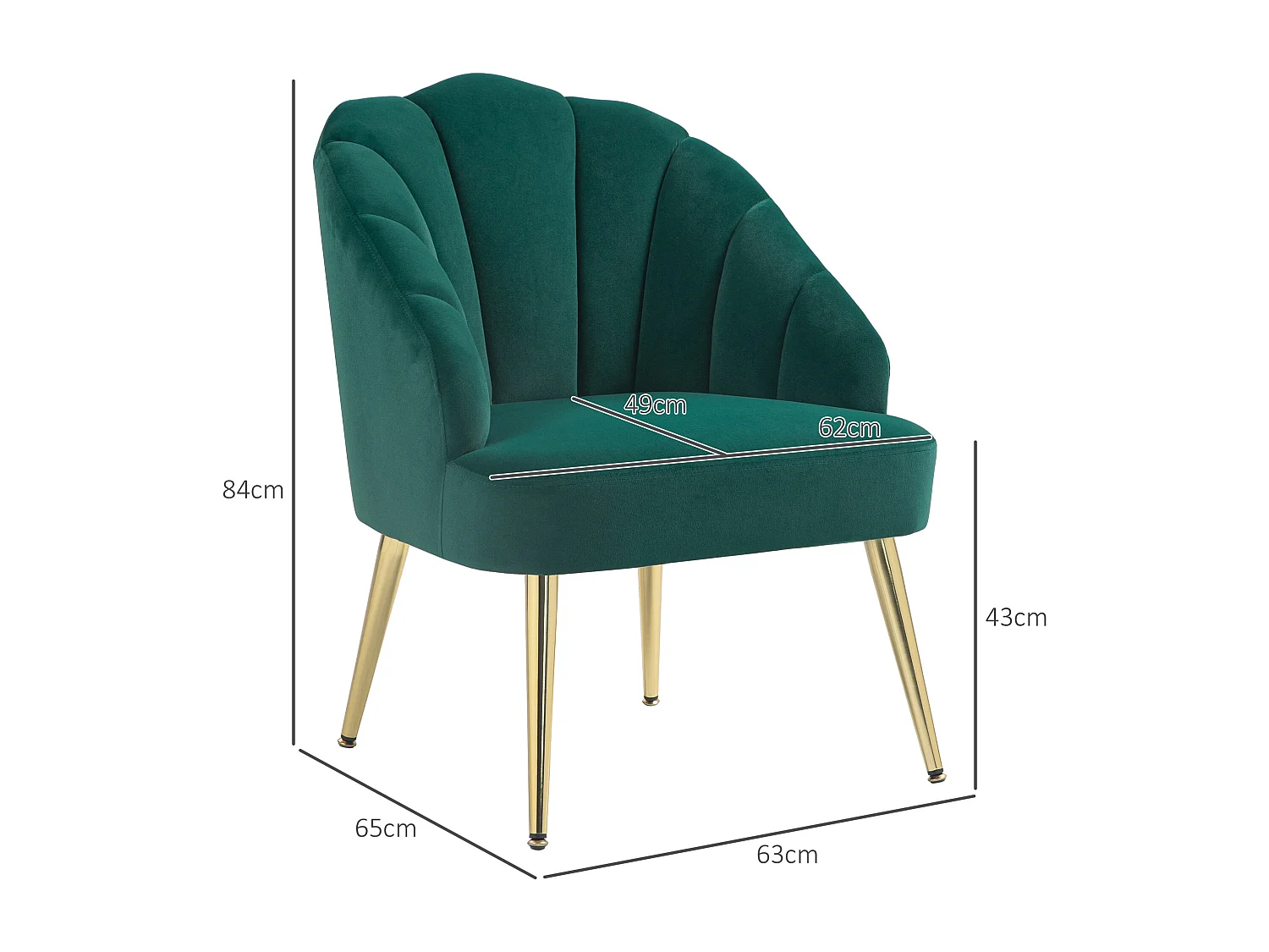 Poltroncina da camera effetto velluto con schienale a conchiglia verde