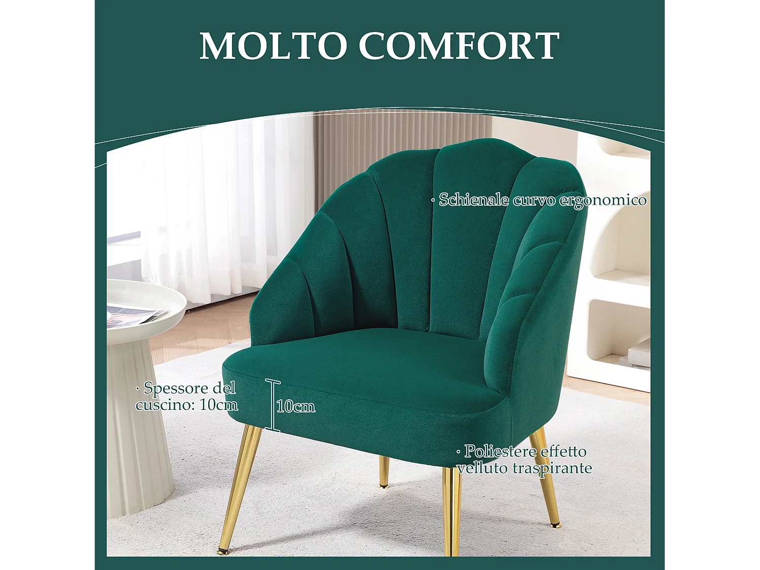 Poltroncina da camera effetto velluto con schienale a conchiglia verde