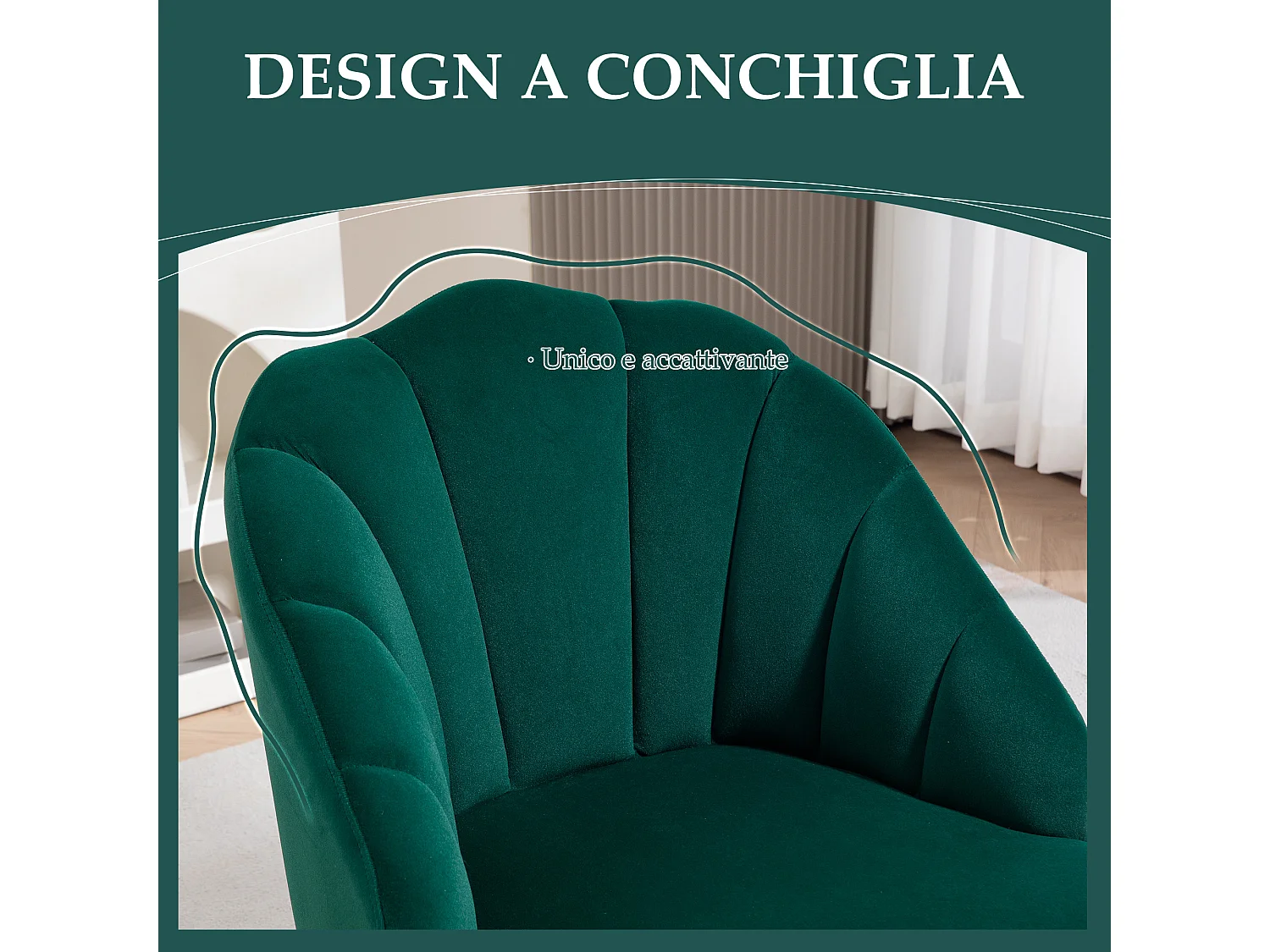 Poltroncina da camera effetto velluto con schienale a conchiglia verde