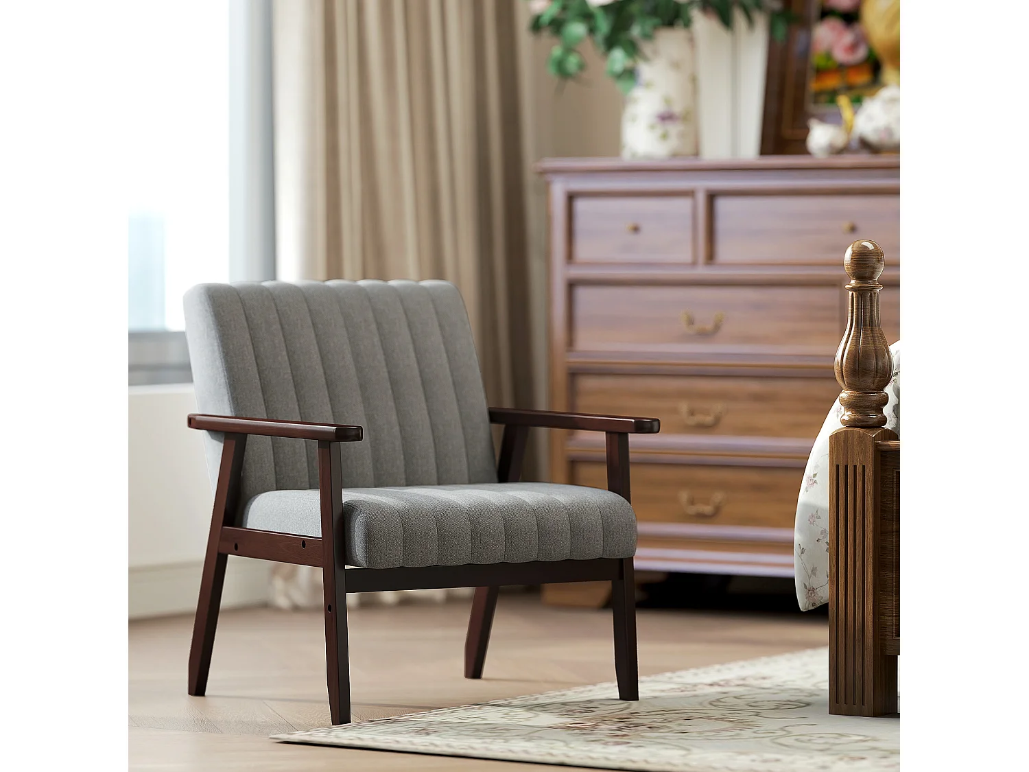 Poltrona moderna imbottita con braccioli in legno e tessuto grigio