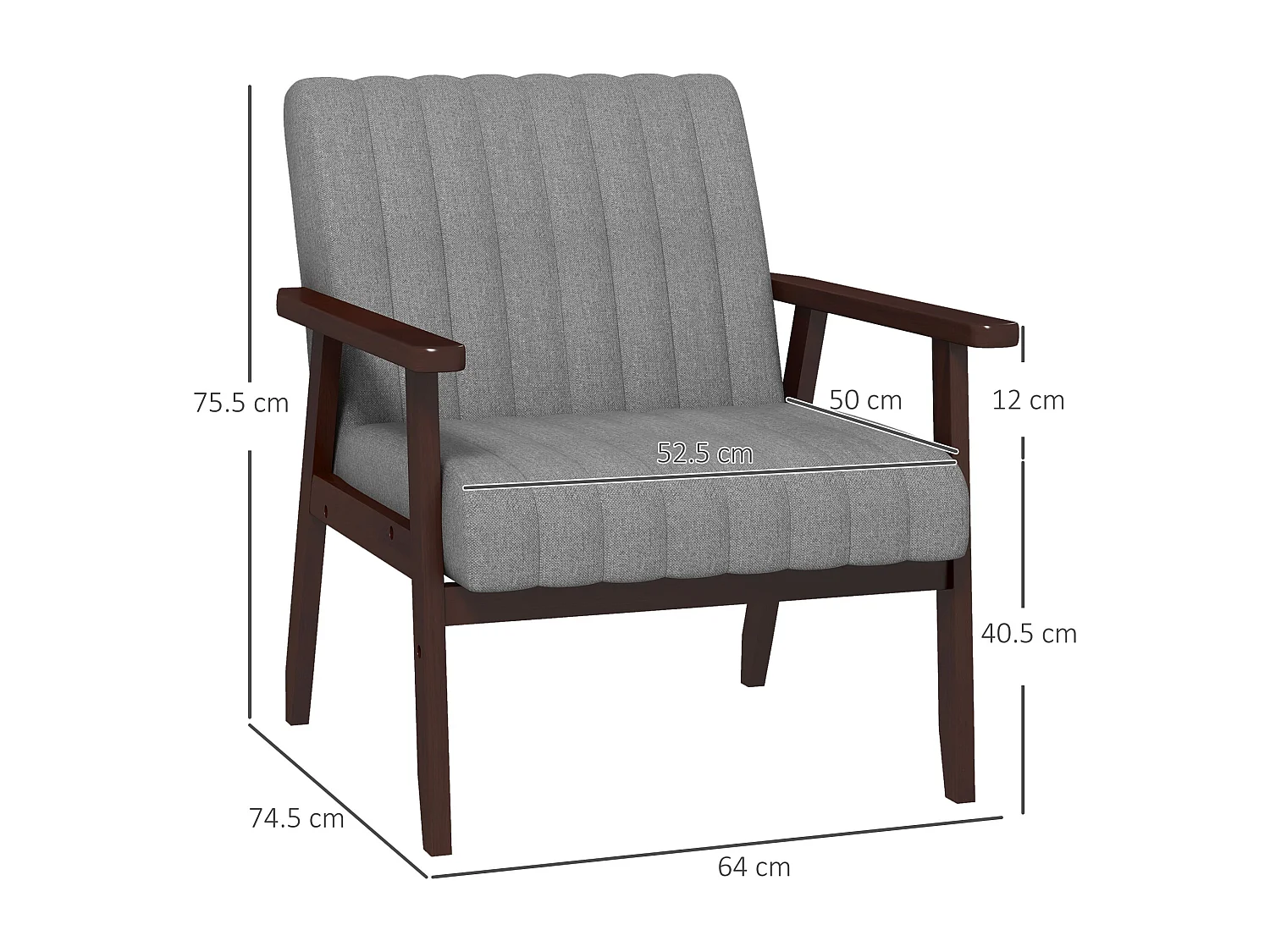 Poltrona moderna imbottita con braccioli in legno e tessuto grigio