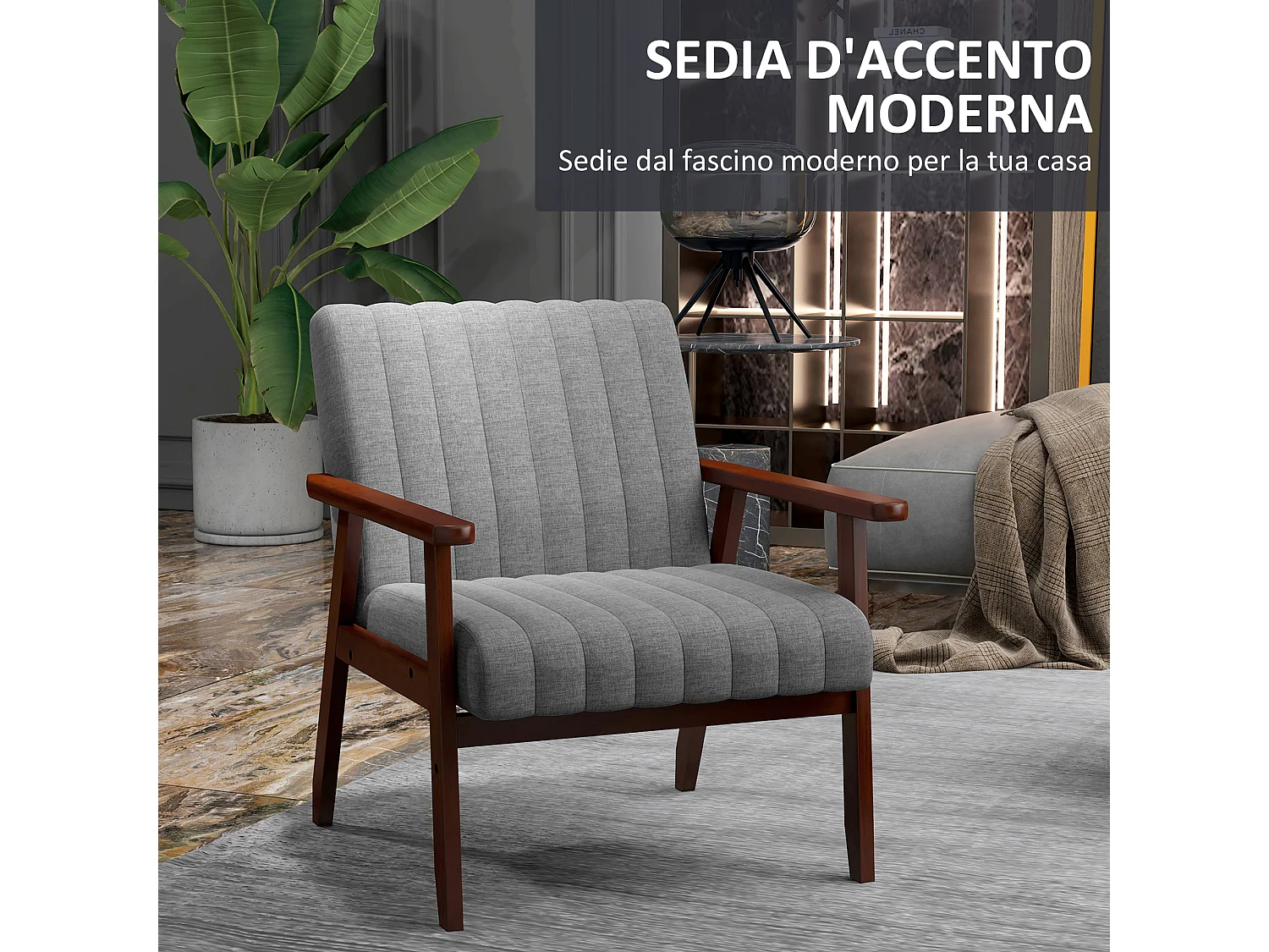 Poltrona moderna imbottita con braccioli in legno e tessuto grigio