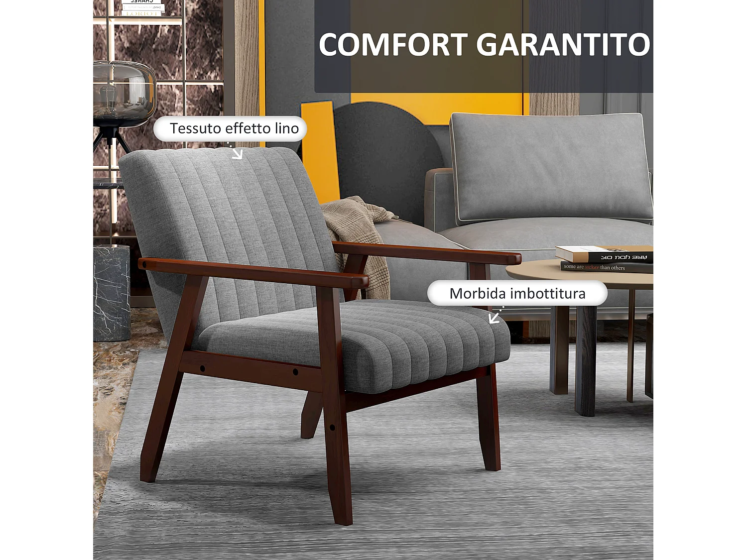Poltrona moderna imbottita con braccioli in legno e tessuto grigio