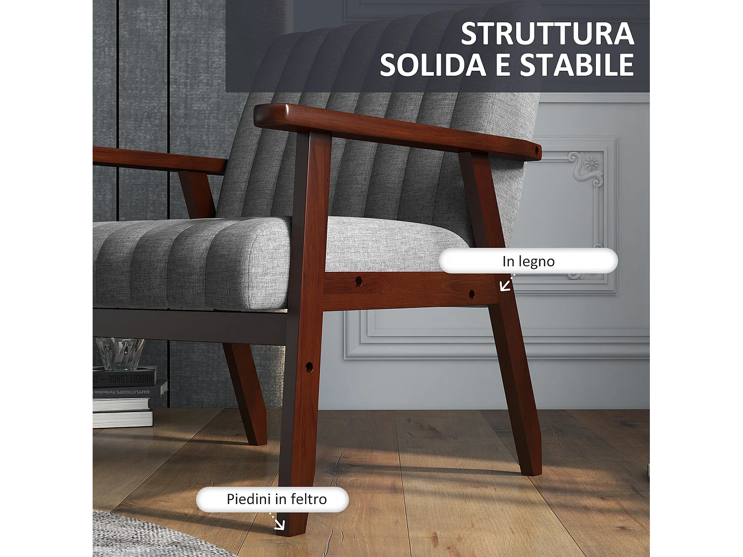 Poltrona moderna imbottita con braccioli in legno e tessuto grigio