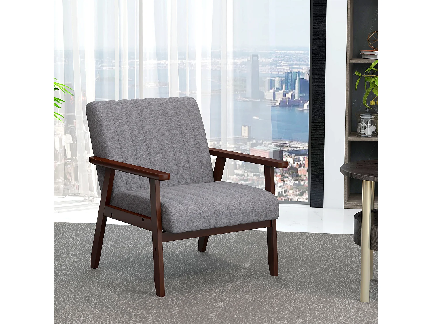 Poltrona moderna imbottita con braccioli in legno e tessuto grigio