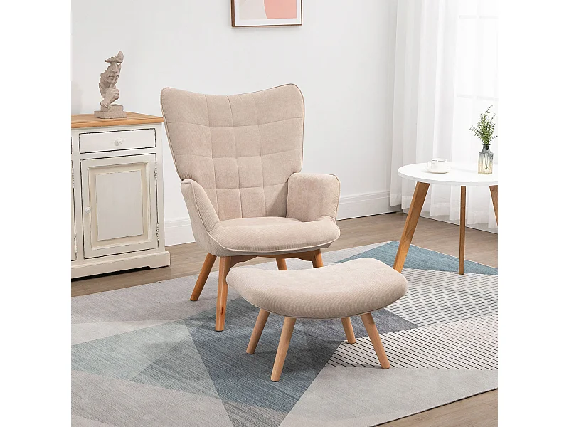 Poltrona relax con pouf poggiapiedi in velluto a costine beige