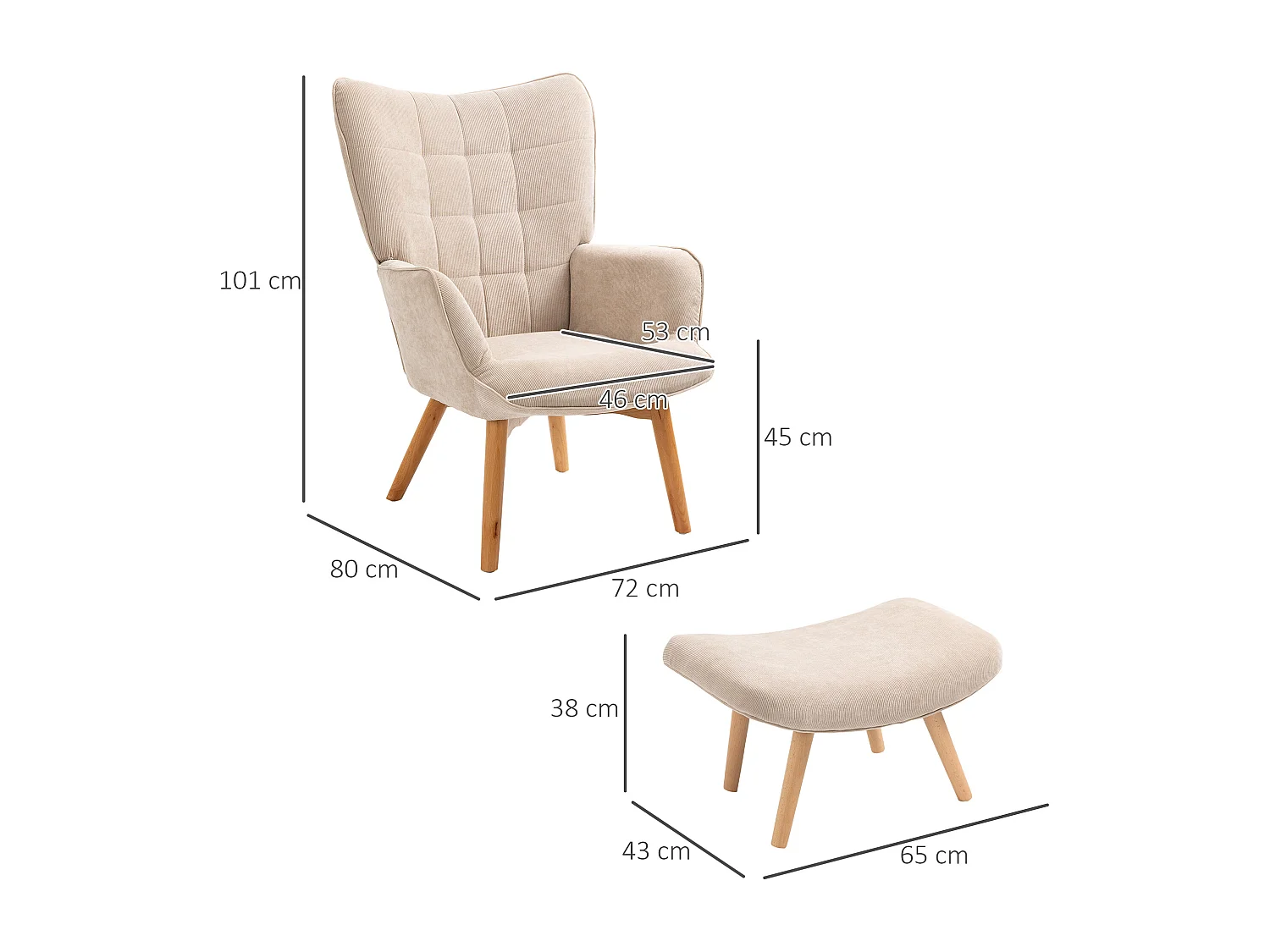 Poltrona relax con pouf poggiapiedi in velluto a costine beige