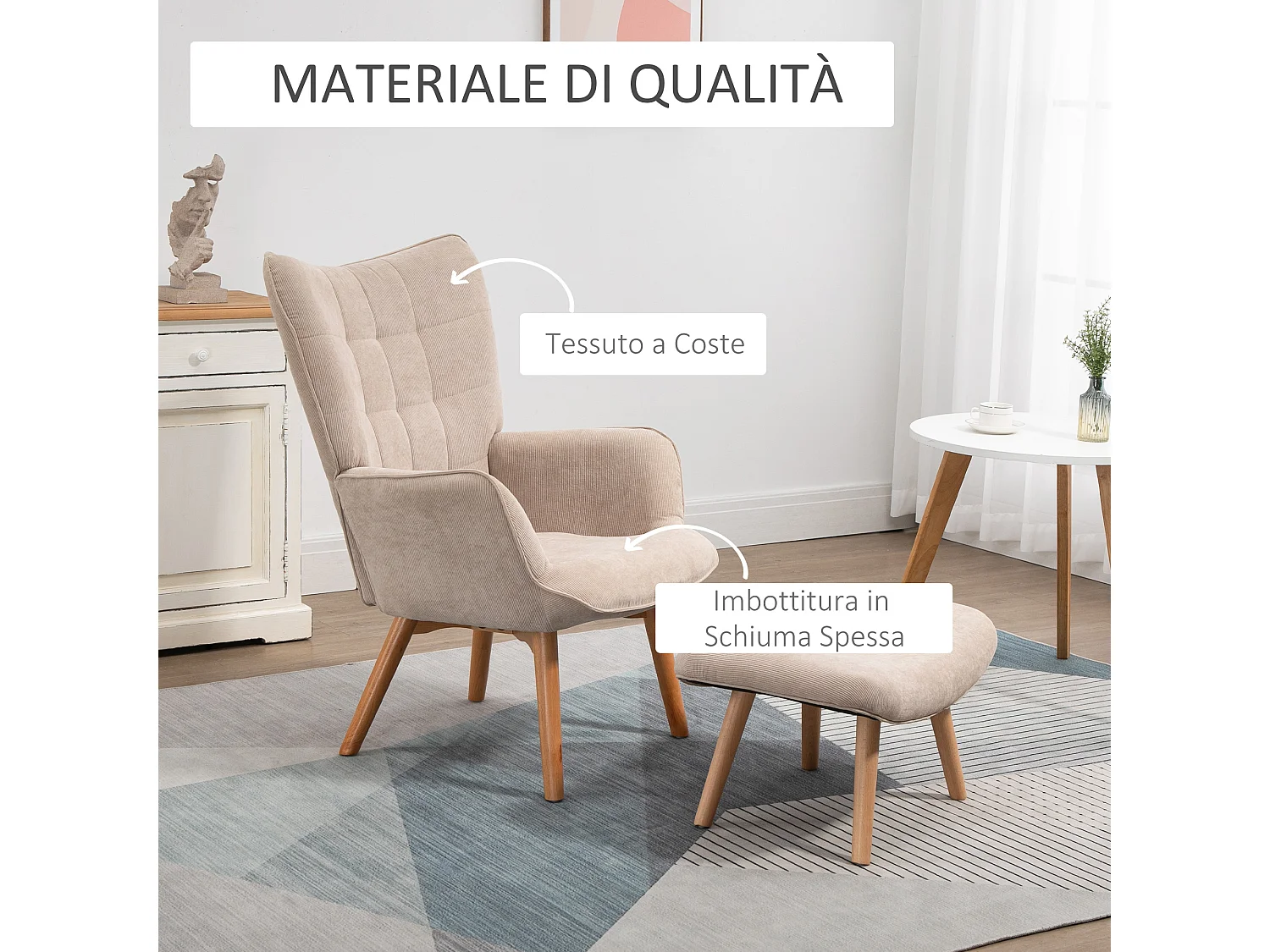 Poltrona relax con pouf poggiapiedi in velluto a costine beige