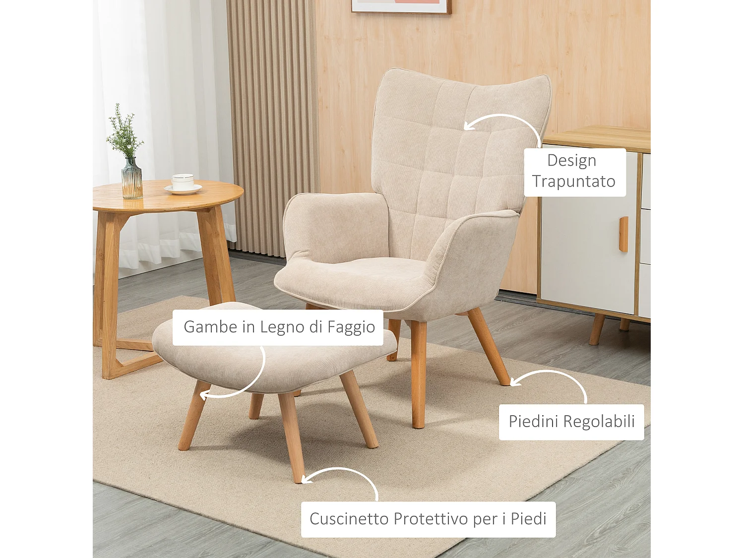 Poltrona relax con pouf poggiapiedi in velluto a costine beige