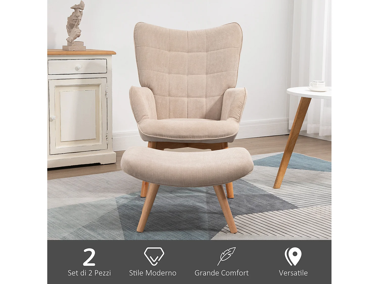 Poltrona relax con pouf poggiapiedi in velluto a costine beige