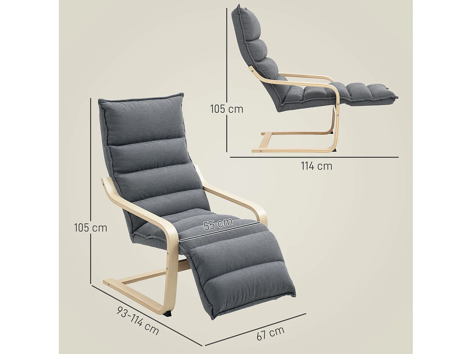 Poltrona relax con poggiapiedi regolabile in legno e velluto grigio
