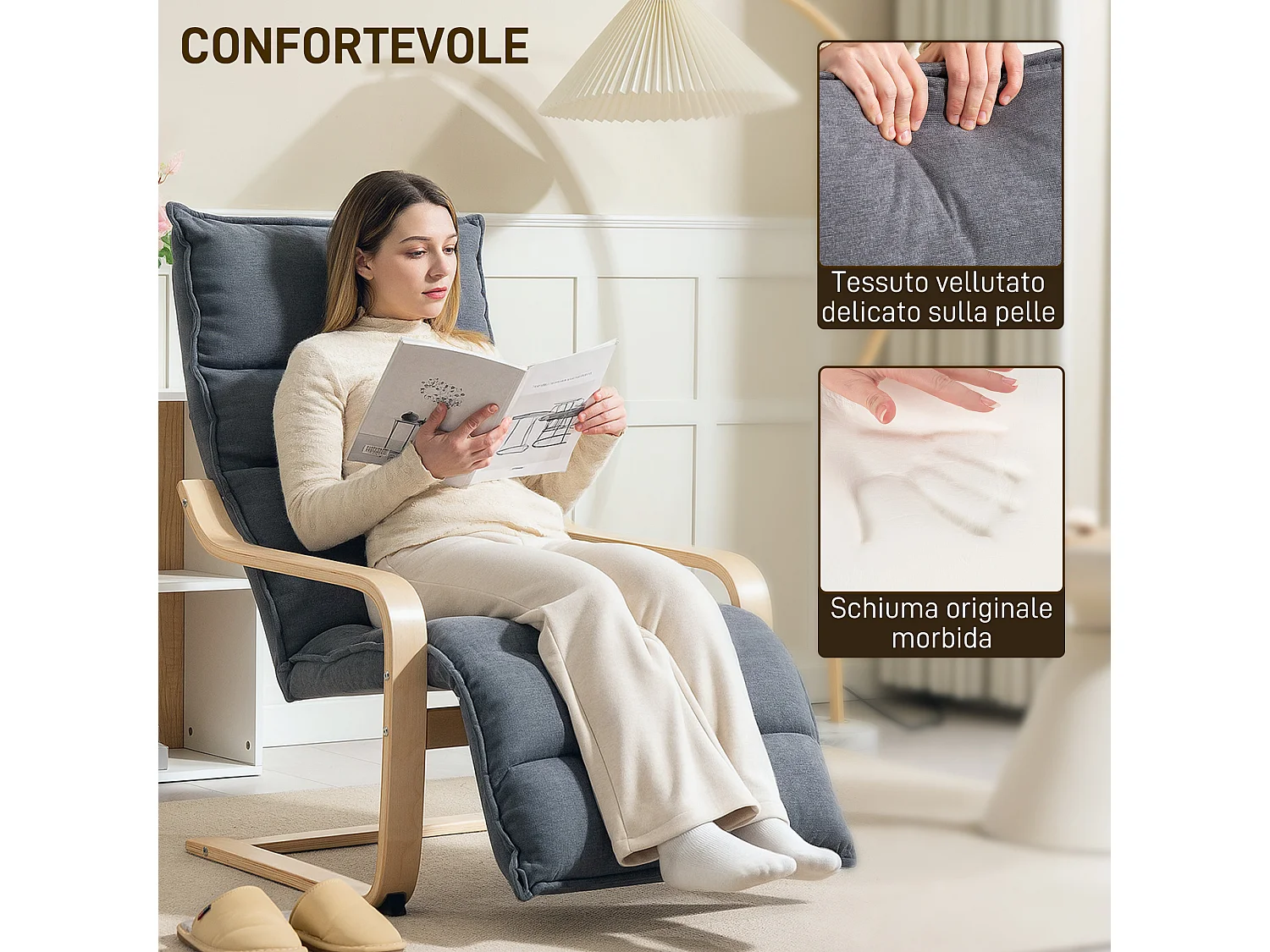 Poltrona relax con poggiapiedi regolabile in legno e velluto grigio