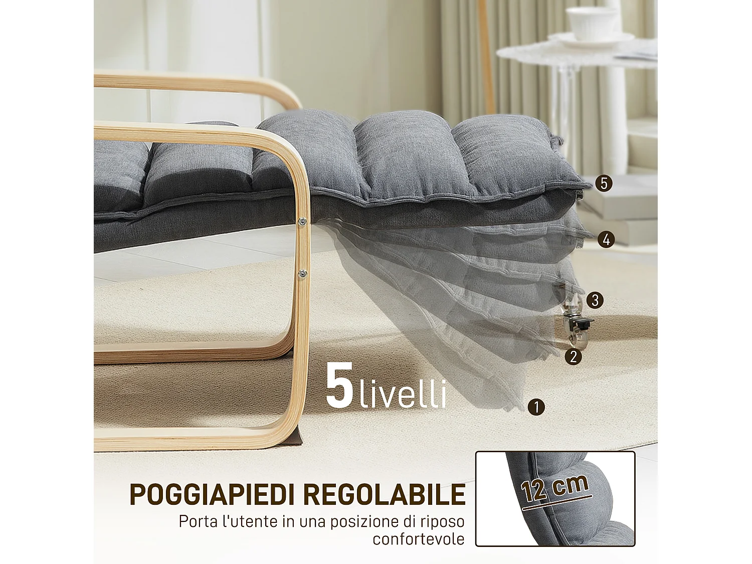 Poltrona relax con poggiapiedi regolabile in legno e velluto grigio