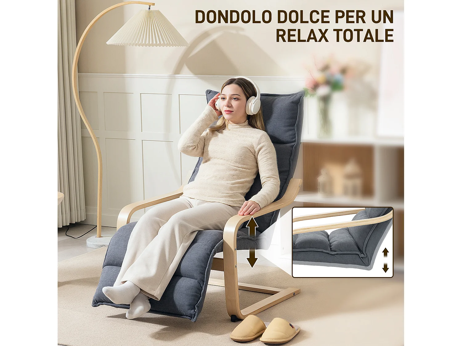 Poltrona relax con poggiapiedi regolabile in legno e velluto grigio