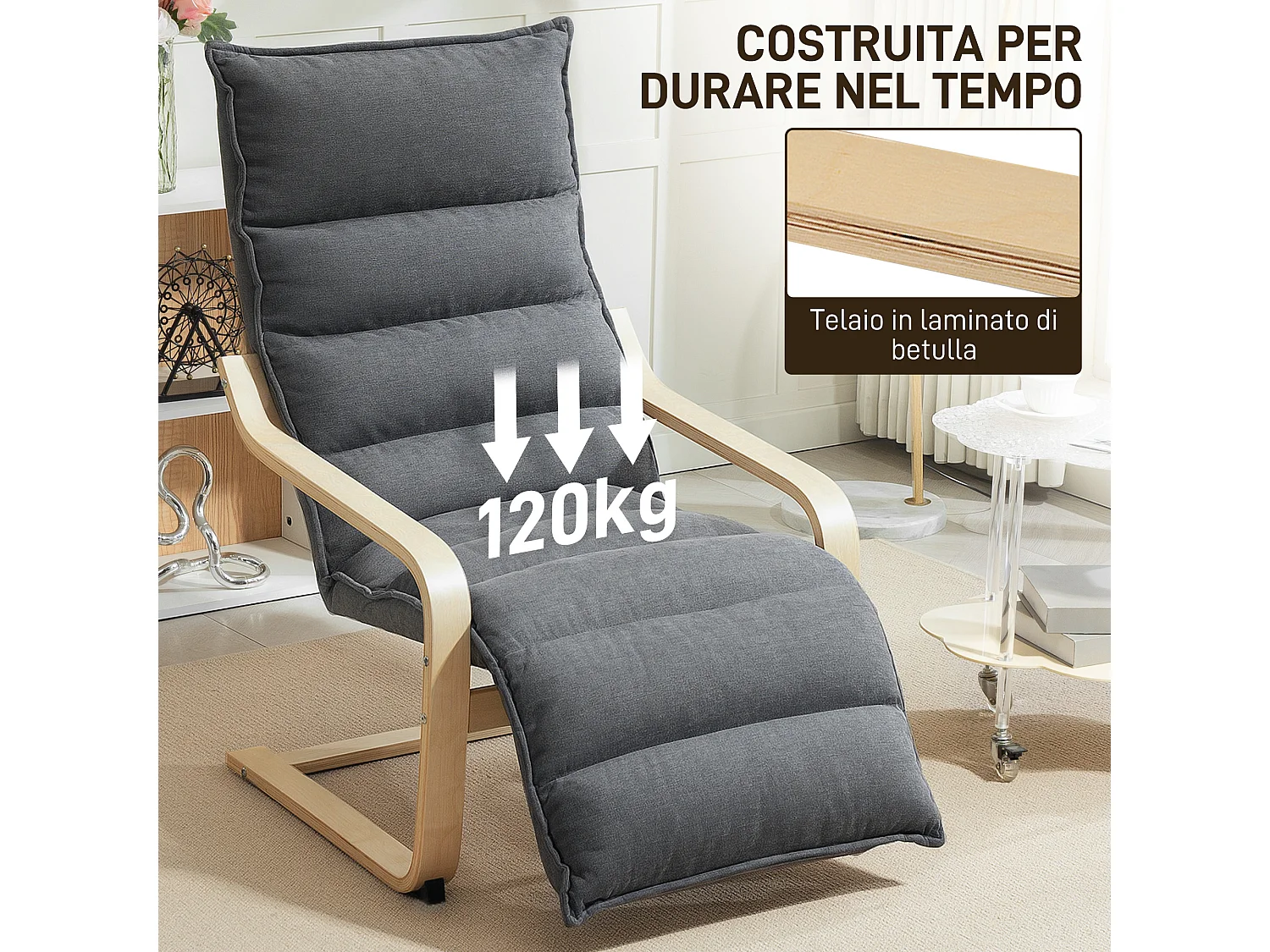 Poltrona relax con poggiapiedi regolabile in legno e velluto grigio