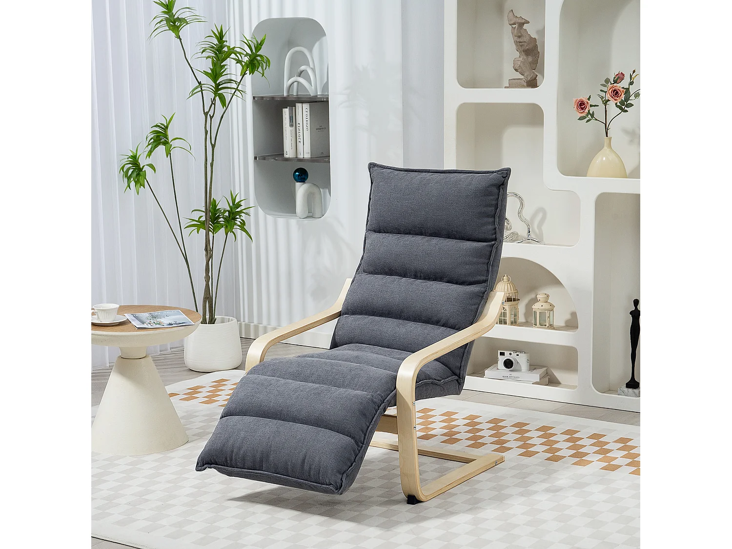 Poltrona relax con poggiapiedi regolabile in legno e velluto grigio