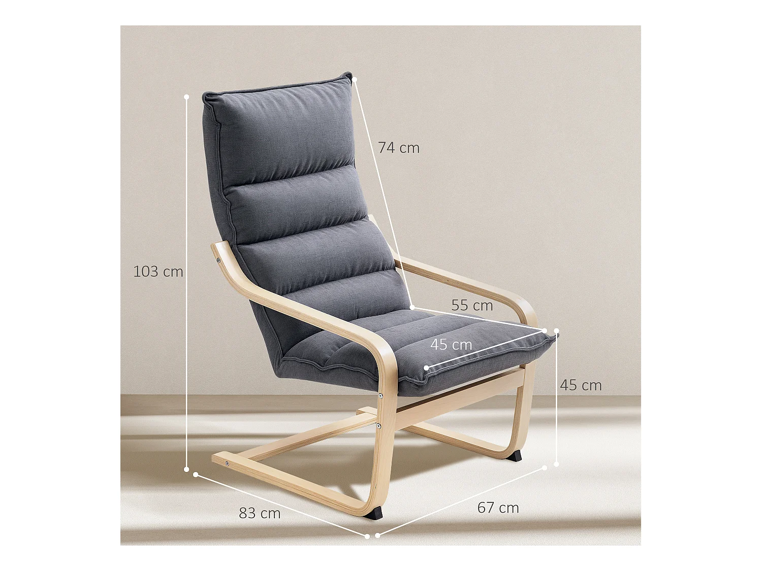 Poltrona a dondolo con cuscini spessi in velluto e legno grigio