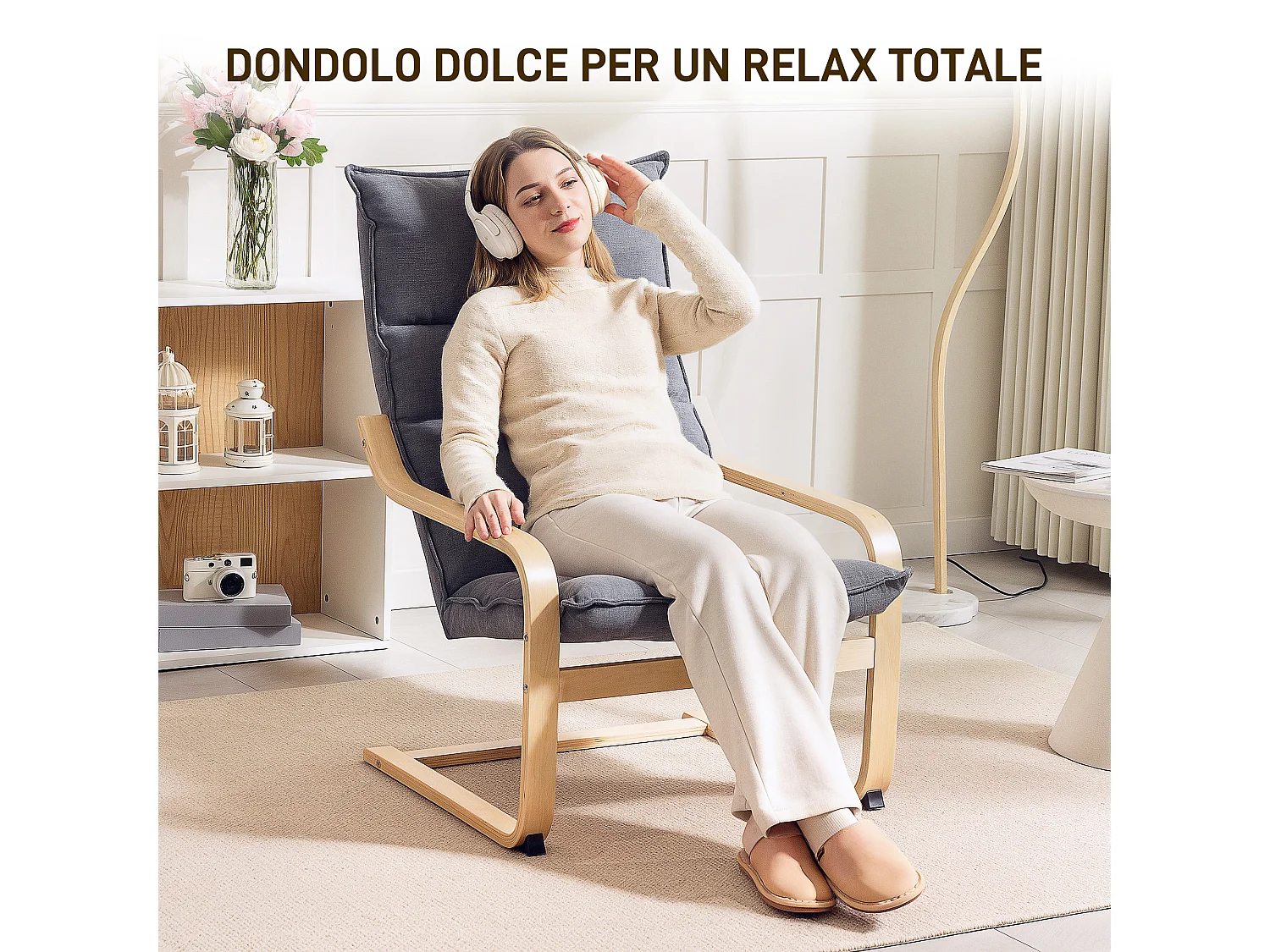 Poltrona a dondolo con cuscini spessi in velluto e legno grigio