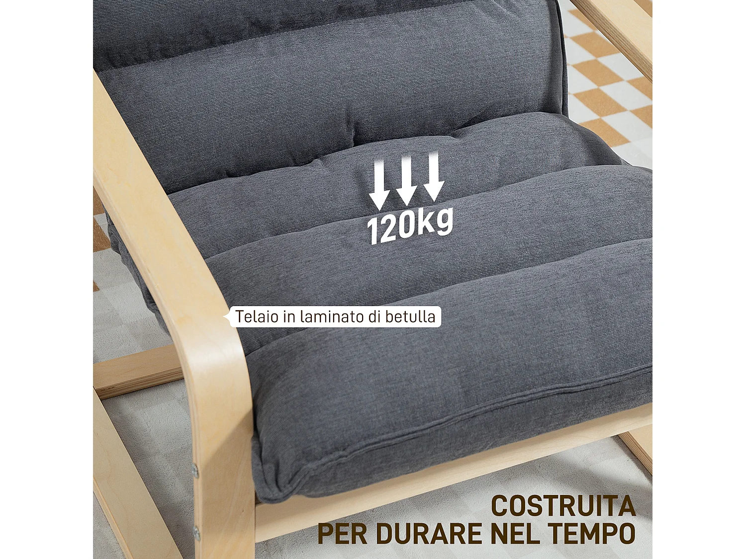 Poltrona a dondolo con cuscini spessi in velluto e legno grigio