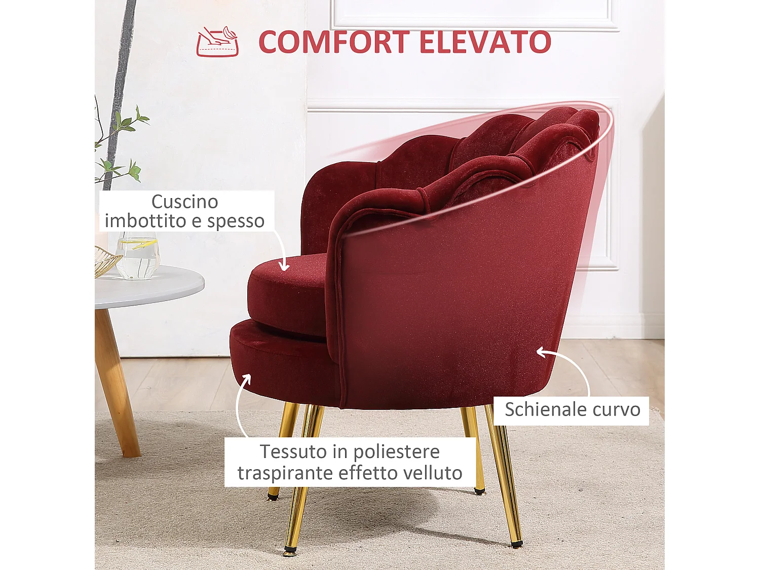 Poltroncina vintage di design da camera in velluto rosso