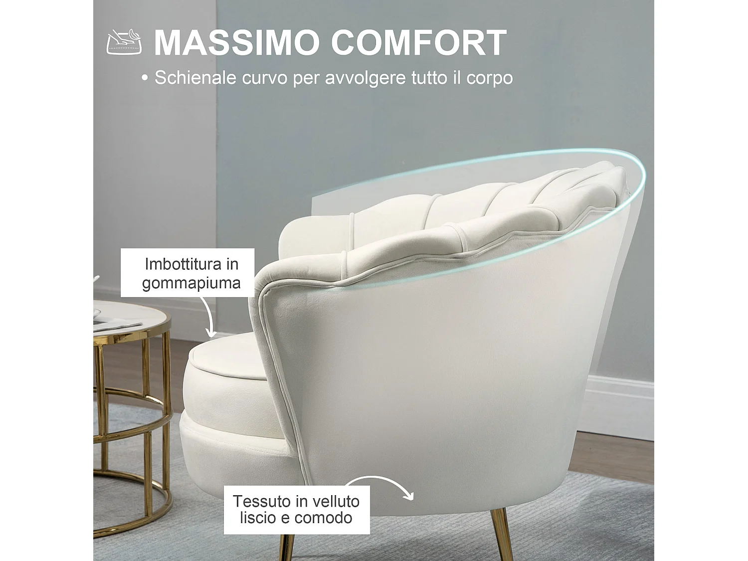 Poltrona di design stile vintage imbottita in velluto crema