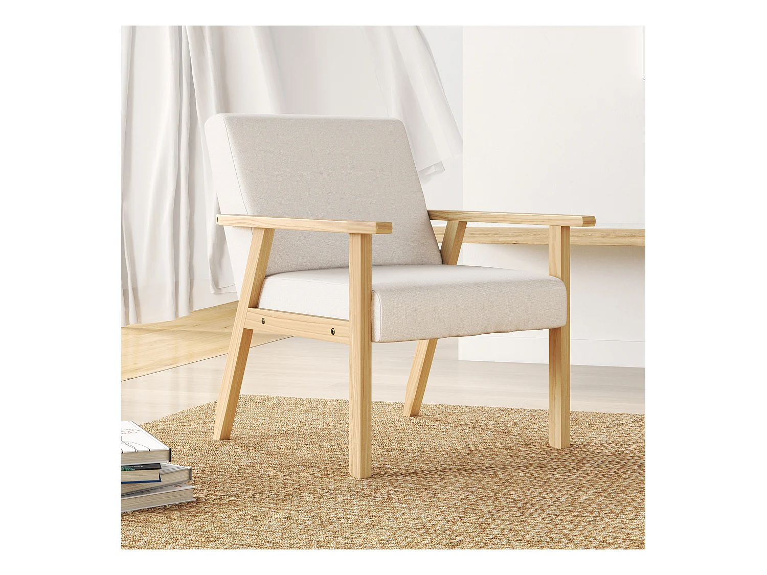 Poltrona d'arredo stile scandinavo in legno di pino con cuscini grigio