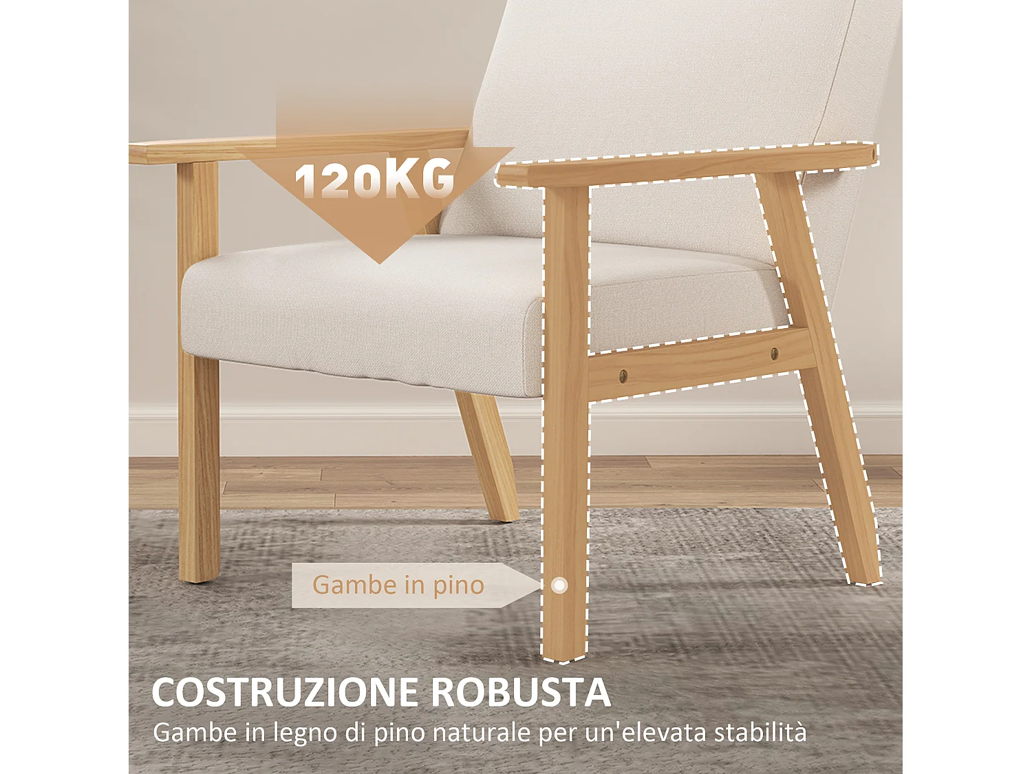 Poltrona d'arredo stile scandinavo in legno di pino con cuscini grigio