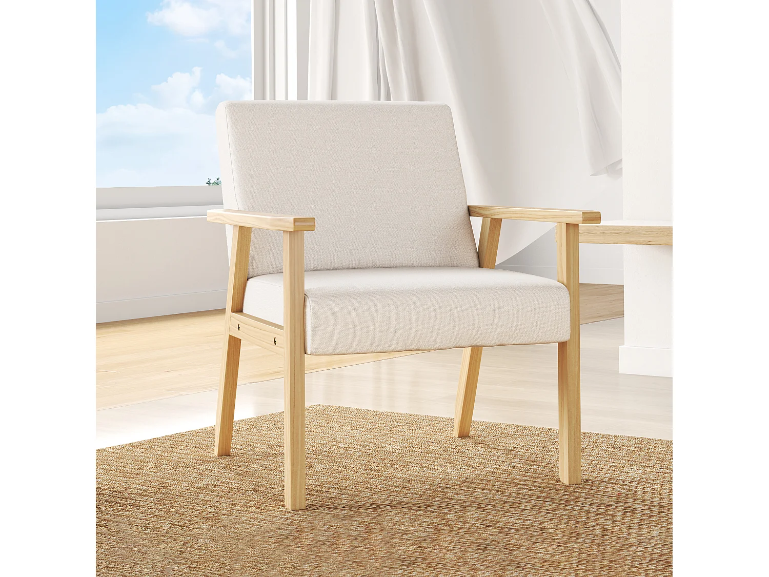 Poltrona d'arredo stile scandinavo in legno di pino con cuscini grigio