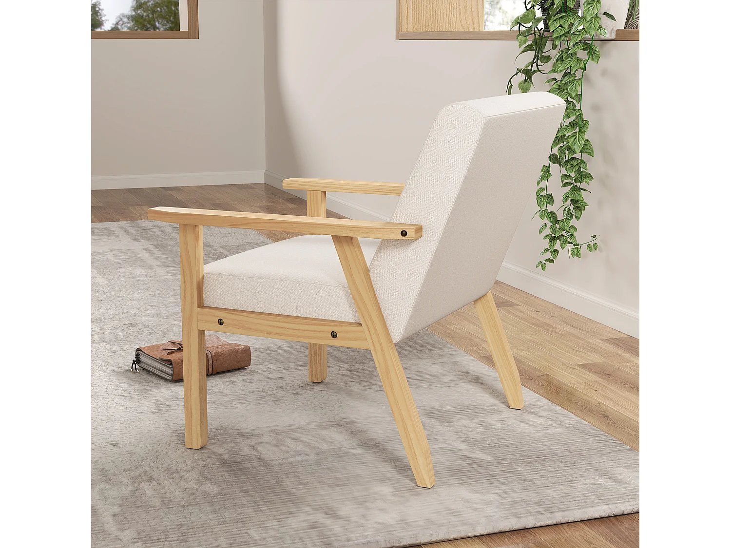 Poltrona d'arredo stile scandinavo in legno di pino con cuscini grigio