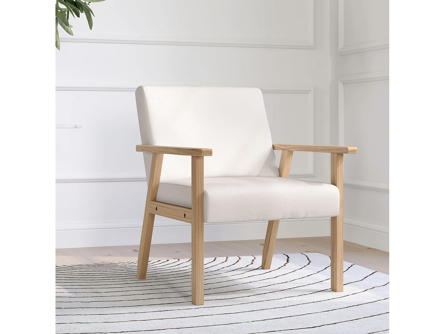 Poltrona d'arredo stile scandinavo in legno di pino con cuscini grigio