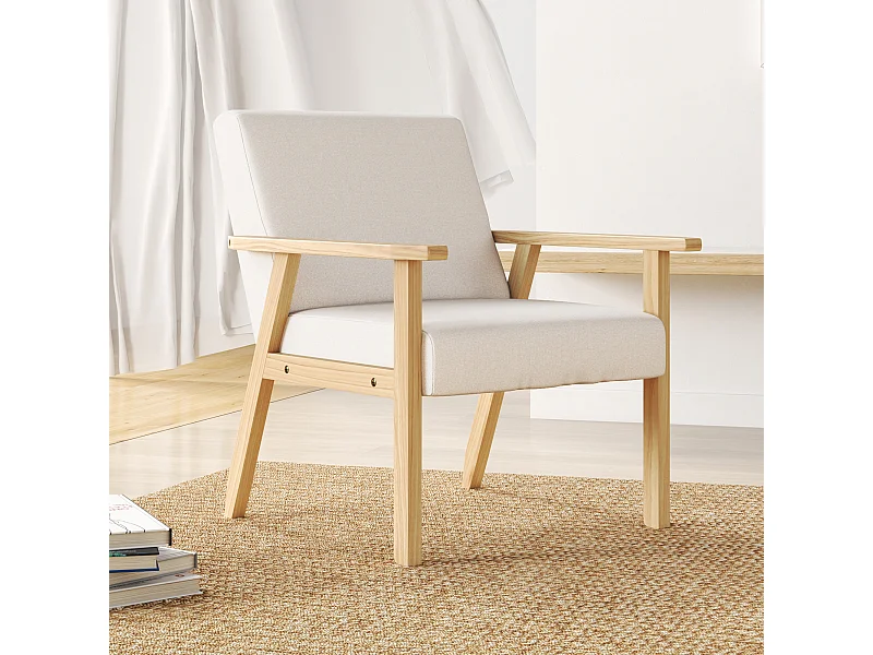 Poltrona d'arredo stile scandinavo in legno di pino con cuscini grigio