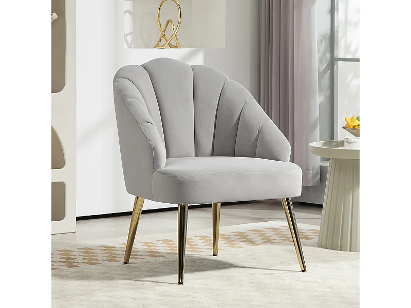 Poltroncina da camera con schienale a conchiglia in velluto grigio