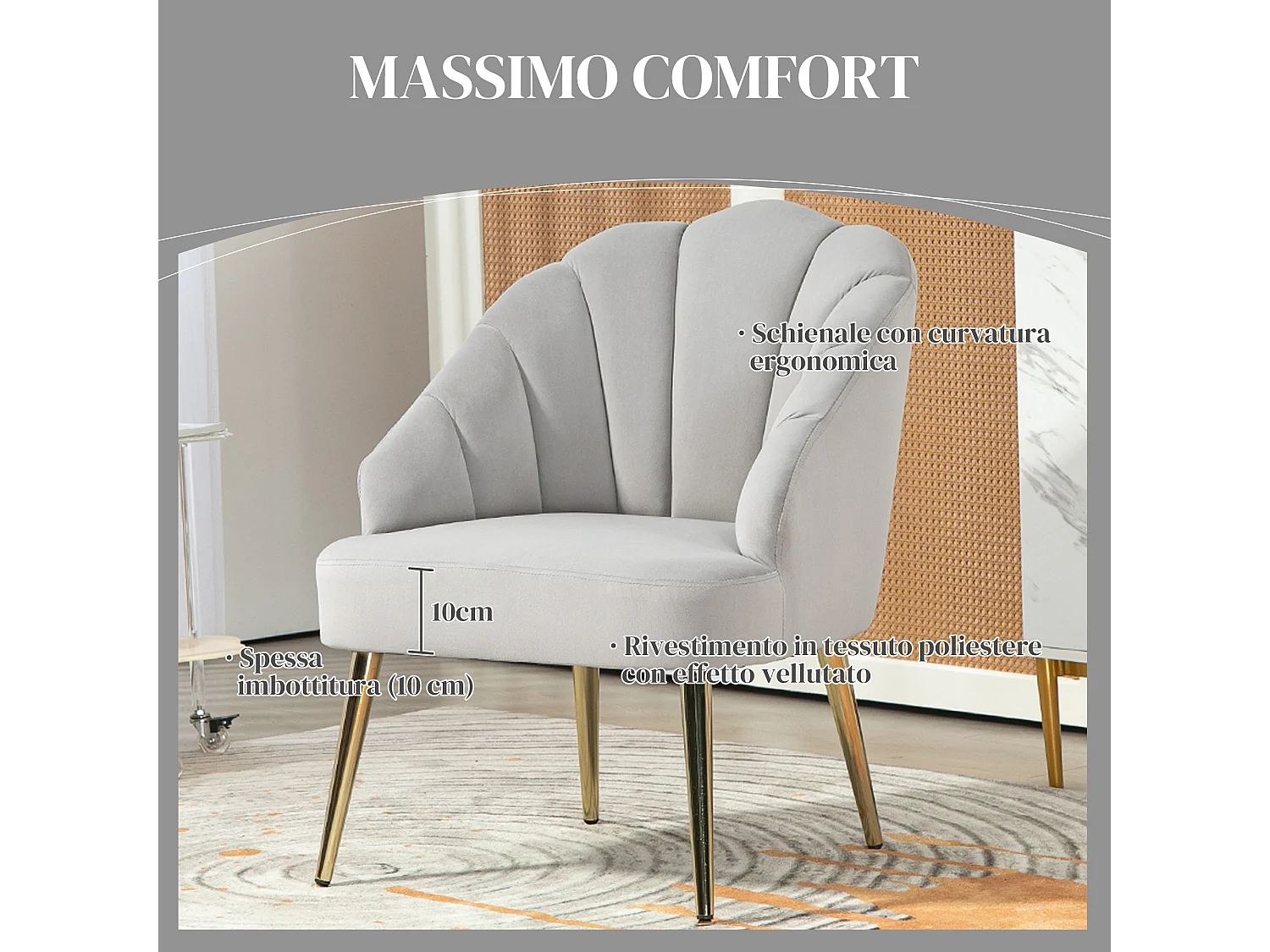 Poltroncina da camera con schienale a conchiglia in velluto grigio
