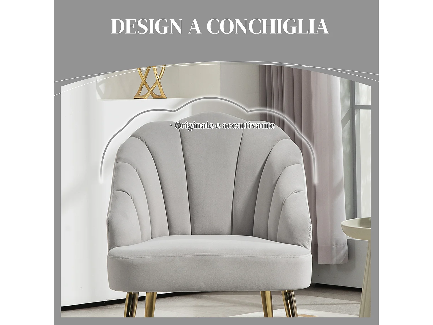 Poltroncina da camera con schienale a conchiglia in velluto grigio