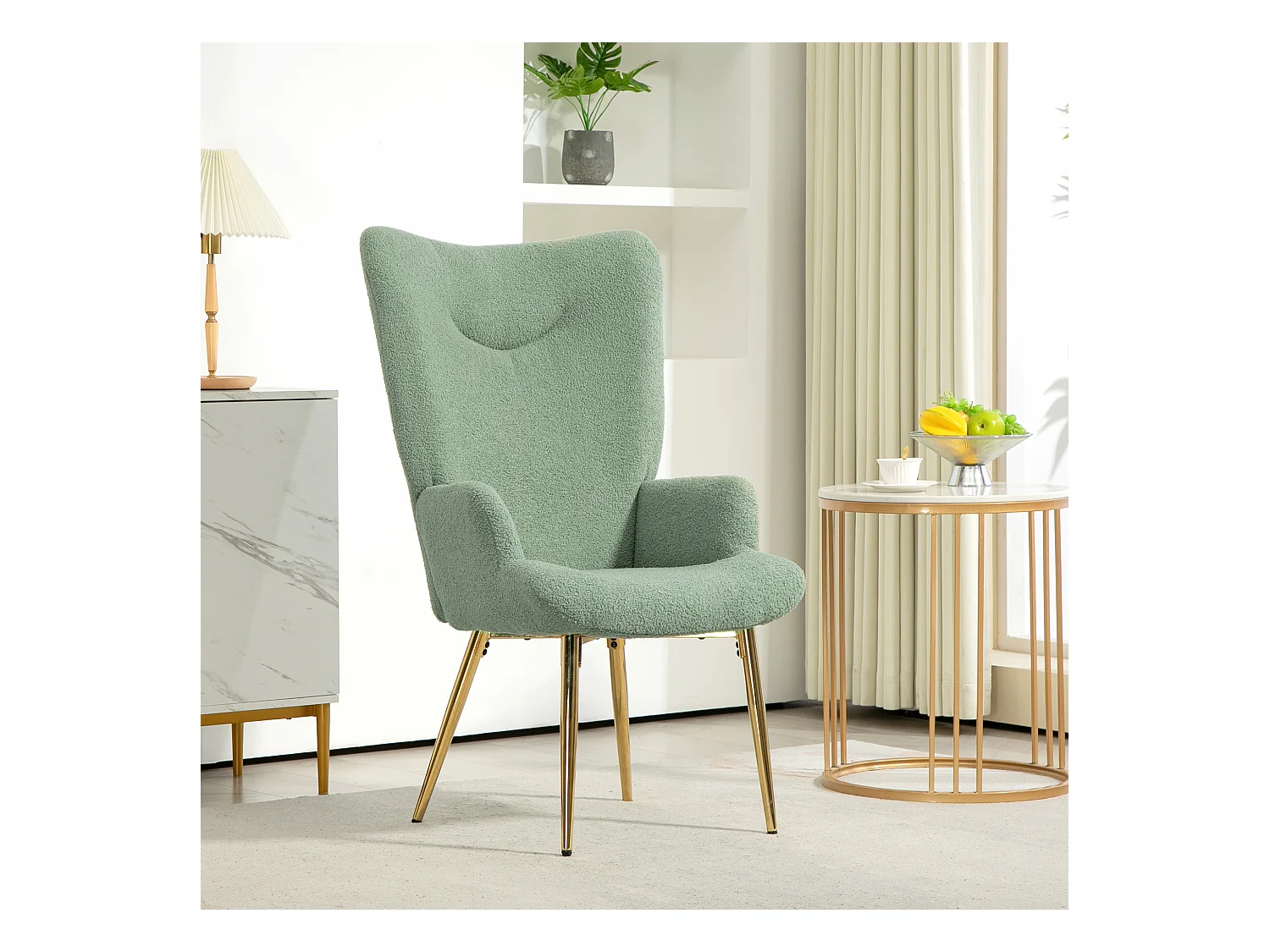 Sedia per soggiorno con schienale alto imbottita verde e oro