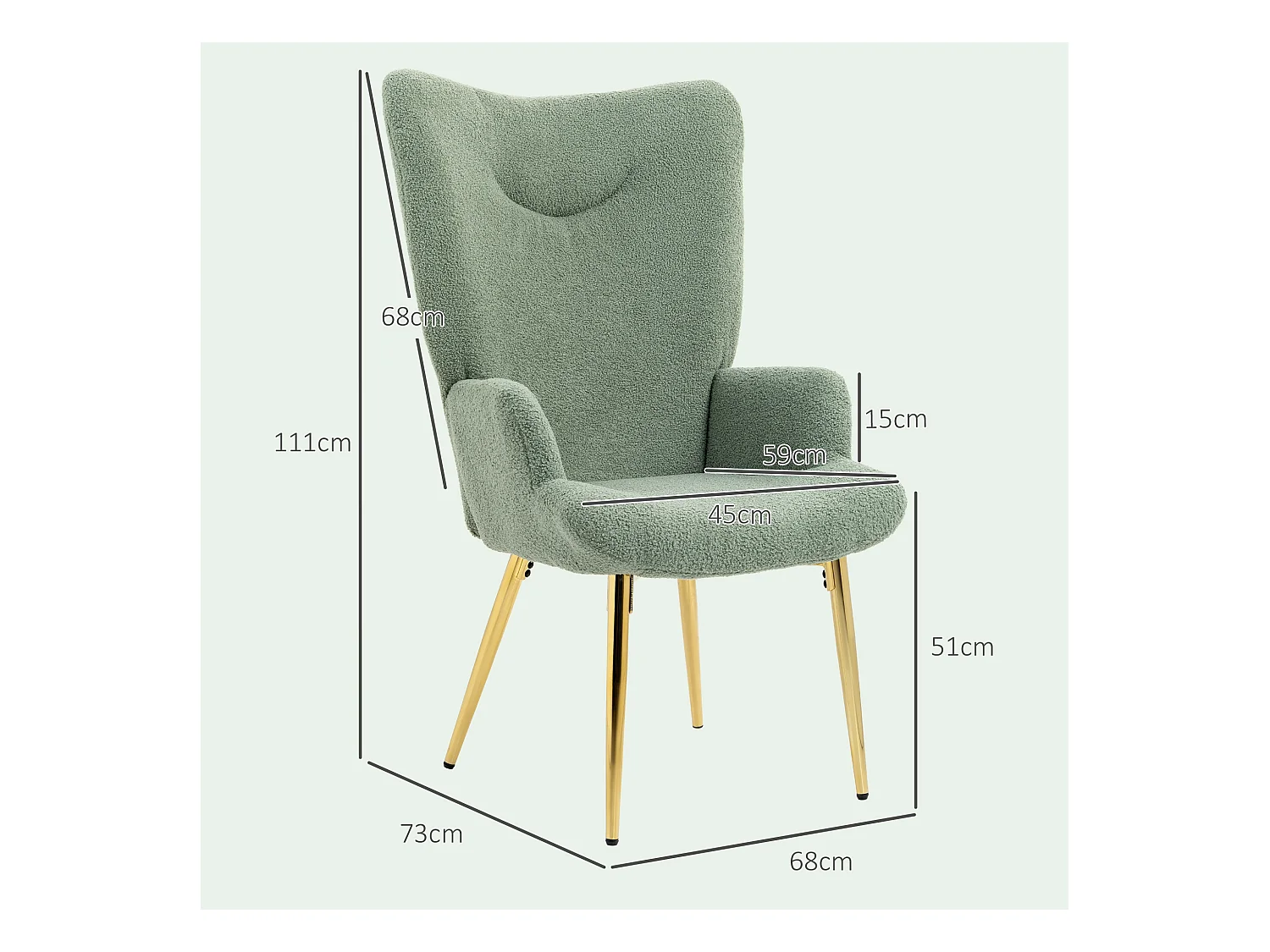 Sedia per soggiorno con schienale alto imbottita verde e oro