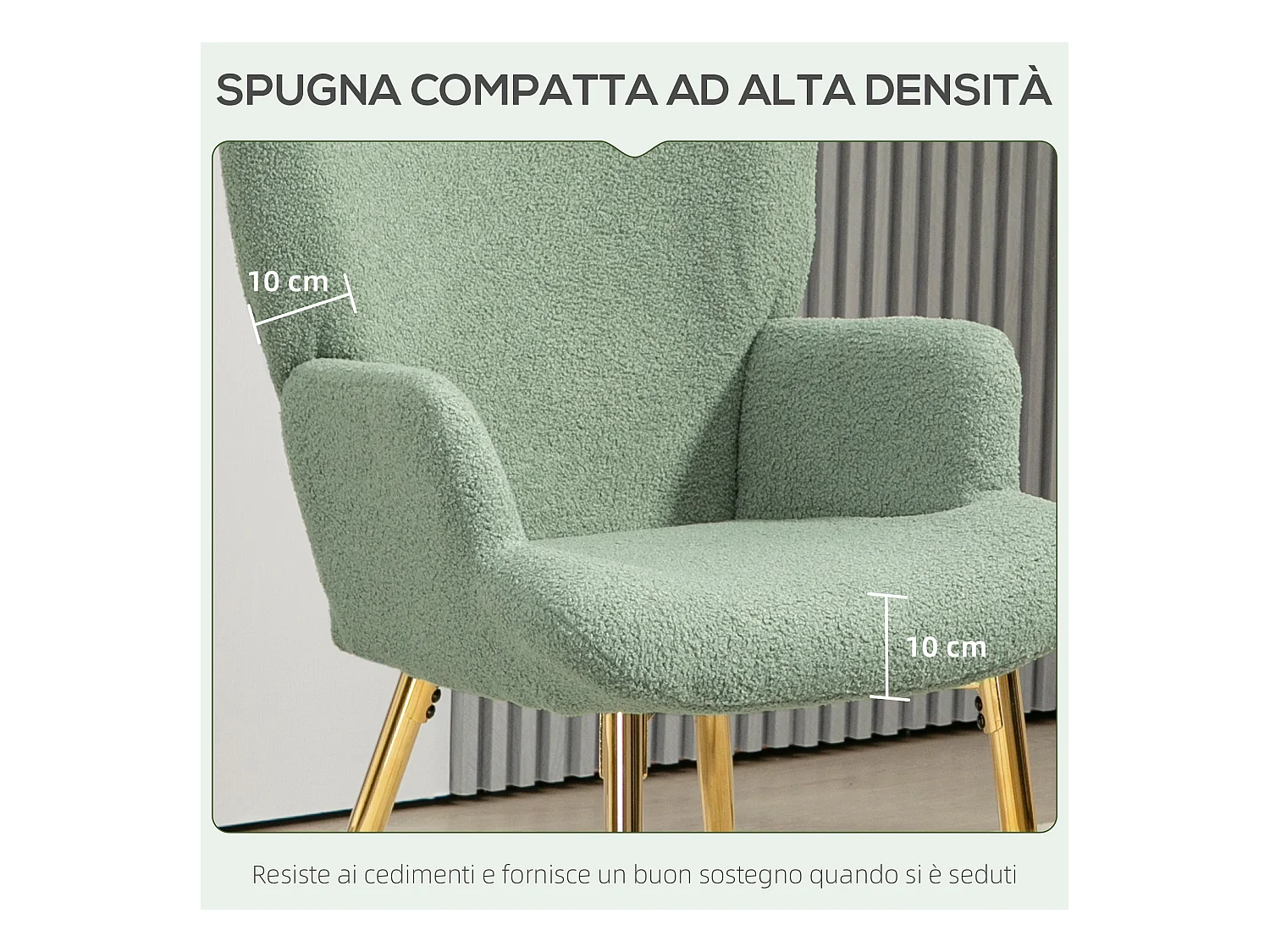 Sedia per soggiorno con schienale alto imbottita verde e oro