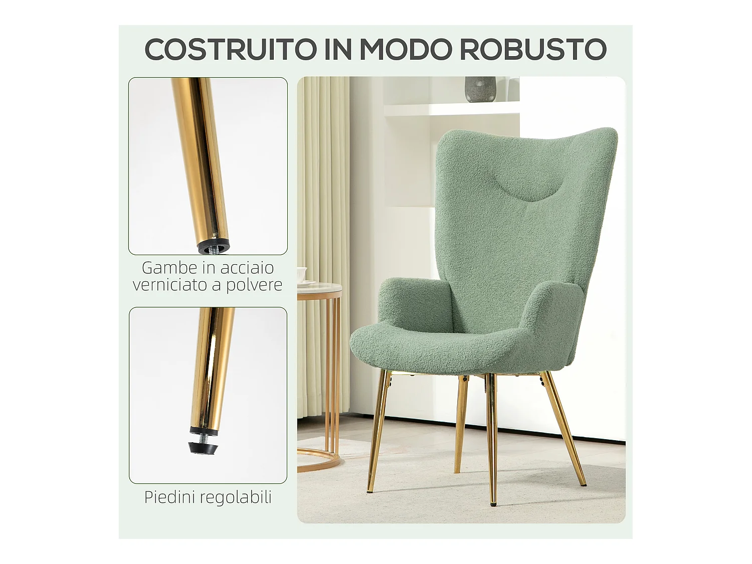 Sedia per soggiorno con schienale alto imbottita verde e oro