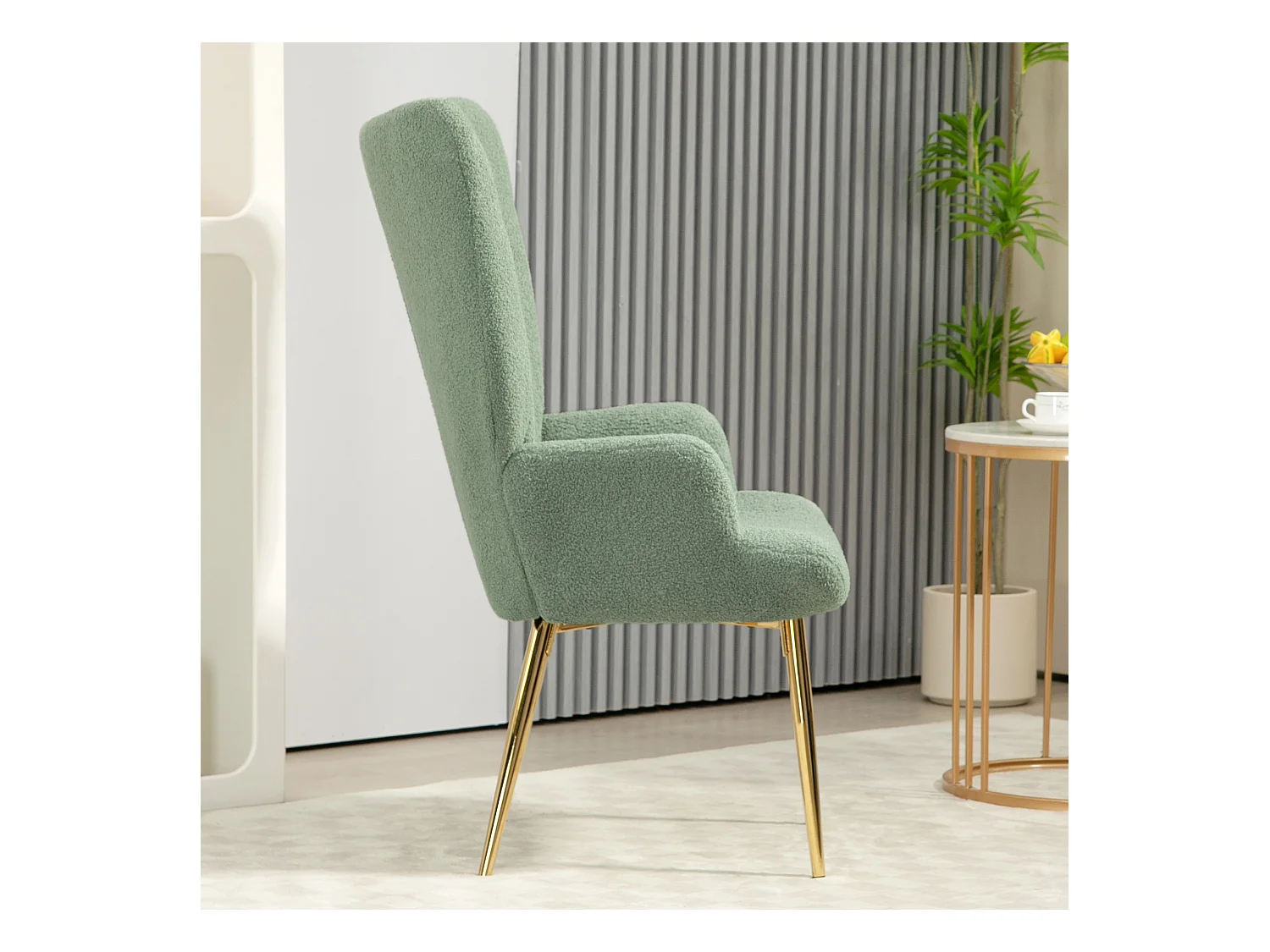 Sedia per soggiorno con schienale alto imbottita verde e oro