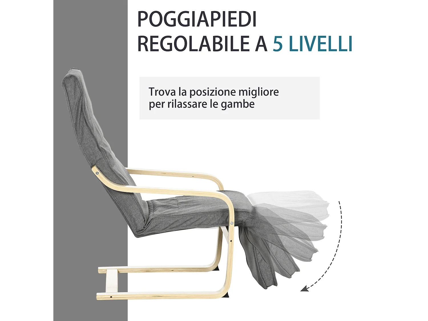 Poltrona moderna con poggiapiedi 5 livelli e poggiatesta grigio